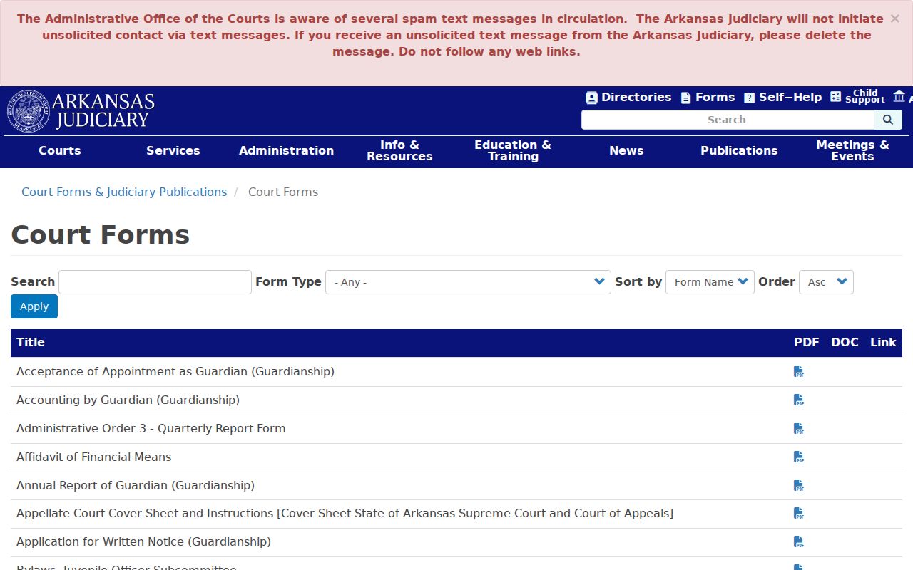 Arkansas Judiciary court forms index with arrest warrant materials