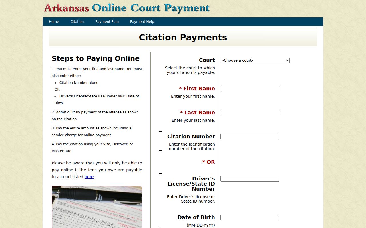 Arkansas official citation payment query fields