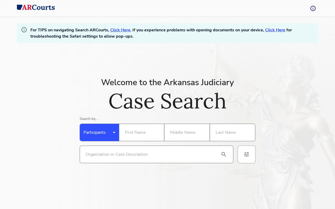 Search ARCourts public case search form used for Lafayette County court records